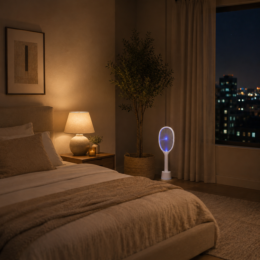 Raquette Anti-Moustique Électrique Rechargeable 2 en 1 | Lampe UV & Base de Charge