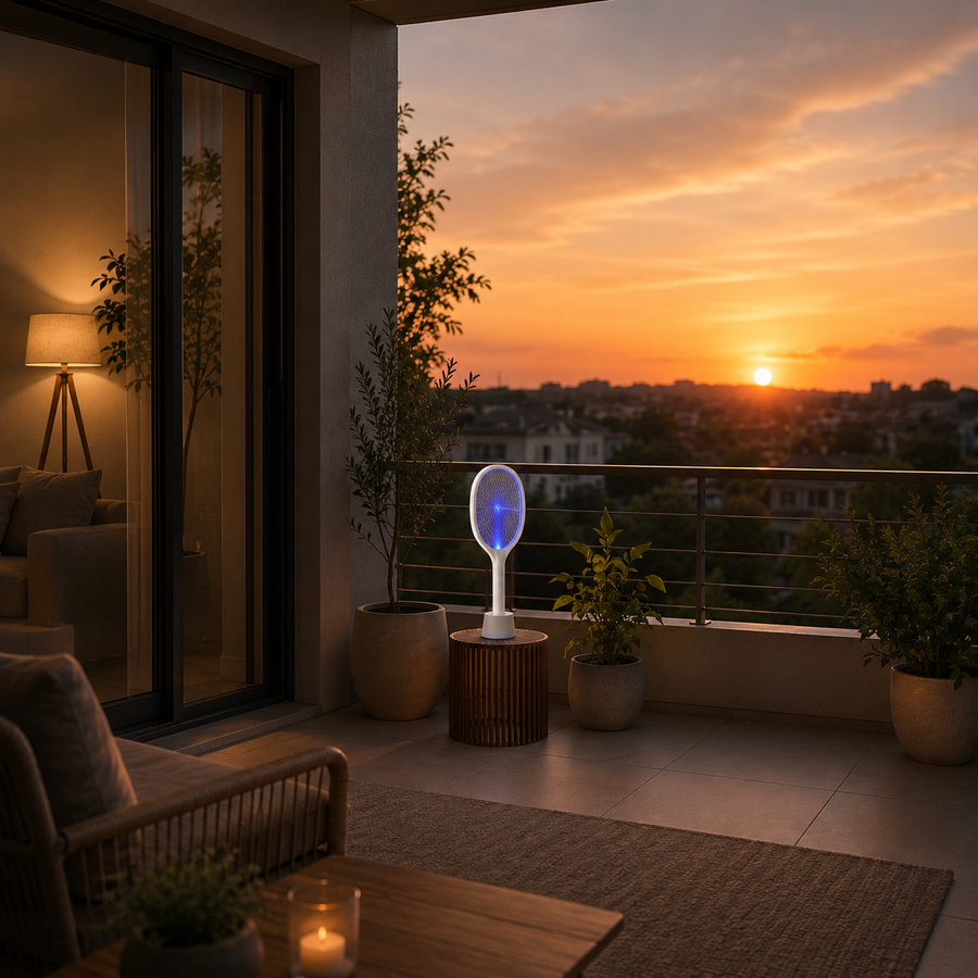 Raquette Anti-Moustique Électrique Rechargeable 2 en 1 | Lampe UV & Base de Charge