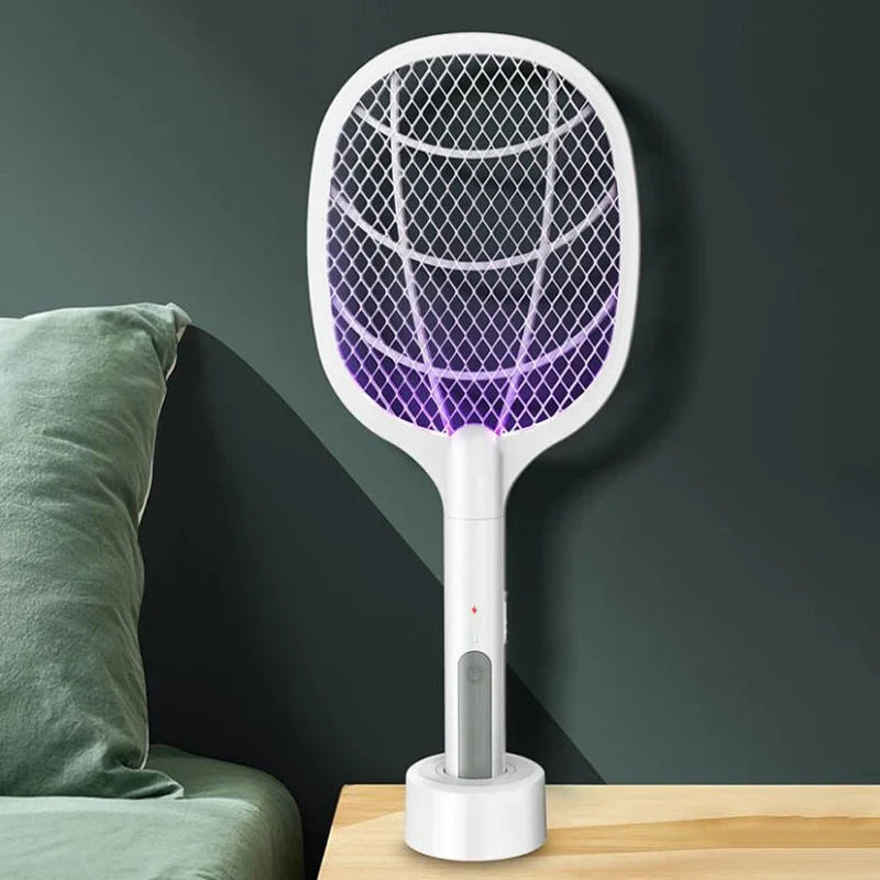 Raquette Anti-Moustique Électrique Rechargeable 2 en 1 | Lampe UV & Base de Charge
