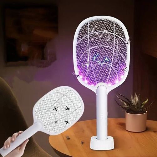 Raquette Anti-Moustique Électrique Rechargeable 2 en 1 | Lampe UV & Base de Charge